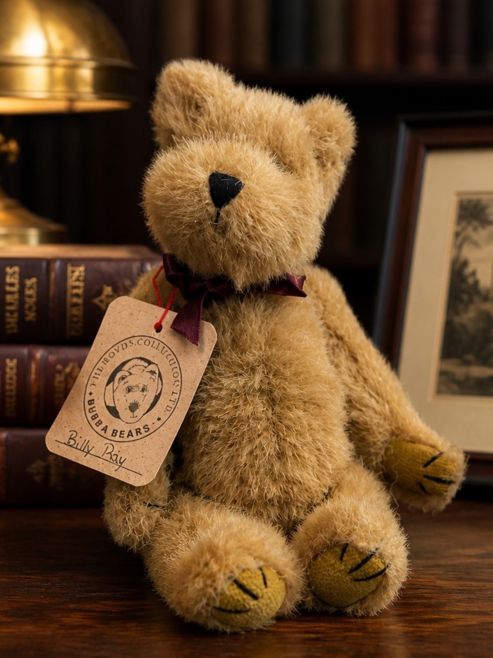 Boyds Bears Gold Plush Teddy with Maroon Bow